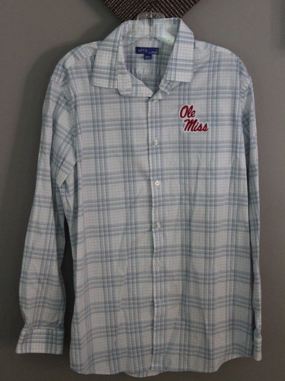 Upcycled APT 9 Plaid Shirt – Ole Miss Patch, Regular Fit (Large)